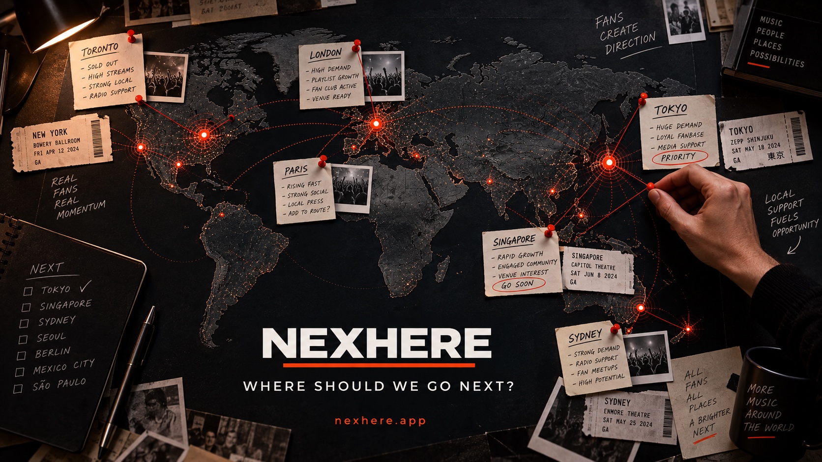 世界各地のファンの声を光の信号として可視化したNEXHEREのキャンペーンビジュアル